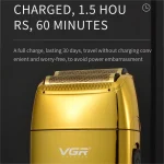ماشین اصلاح موی صورت وی جی آر مدل V-399 با تیغه استیل پیشرفته، تکنولوژی شیو فویلی، باتری لیتیوم یونی 700mAh، استفاده خشک و مرطوب، شارژ سریع 180 دقیقه، عمر باتری 200 دقیقه، مقاوم در برابر آب و سبک - Image 2